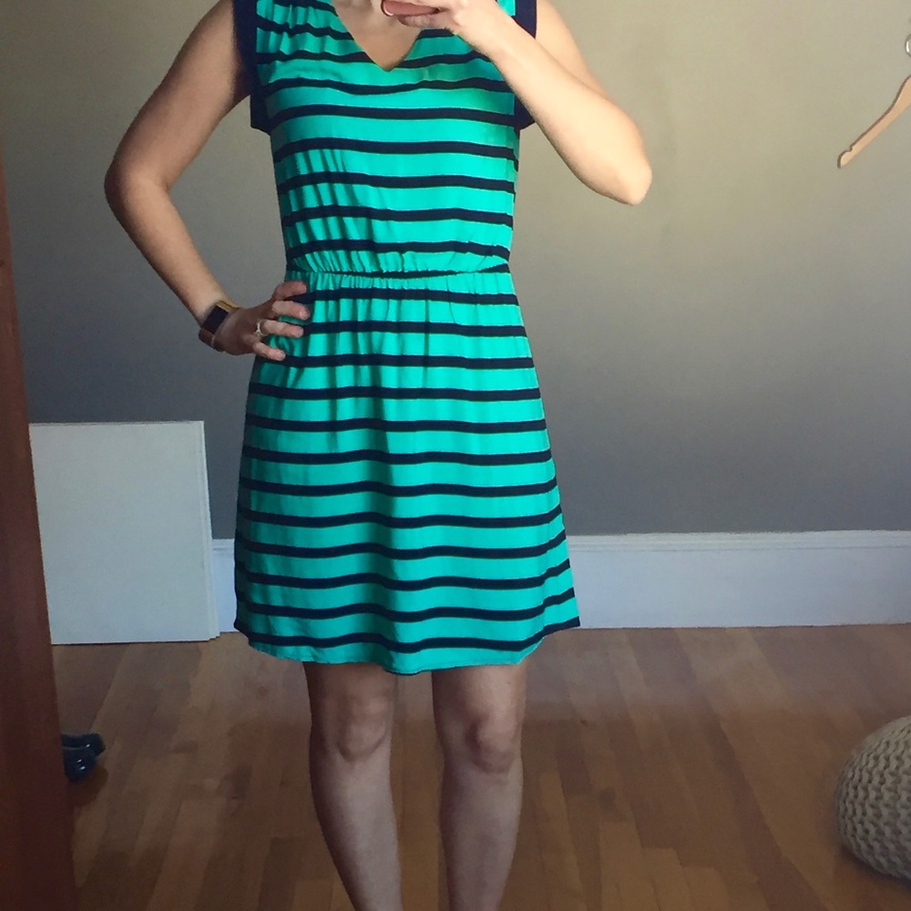 GAP short sleeved mint green/navy striped dress XS